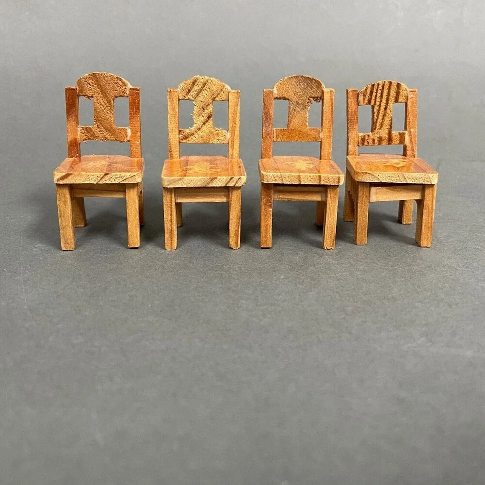 Wooden Dining Table with 4 Chairs Brown Doll House Toy Furniture Lot of‎ 5